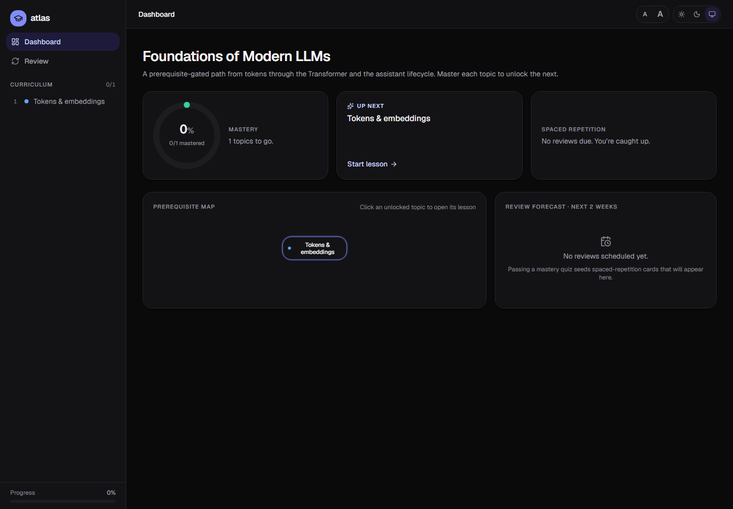 Atlas learning dashboard showing a lesson plan and mastery progress