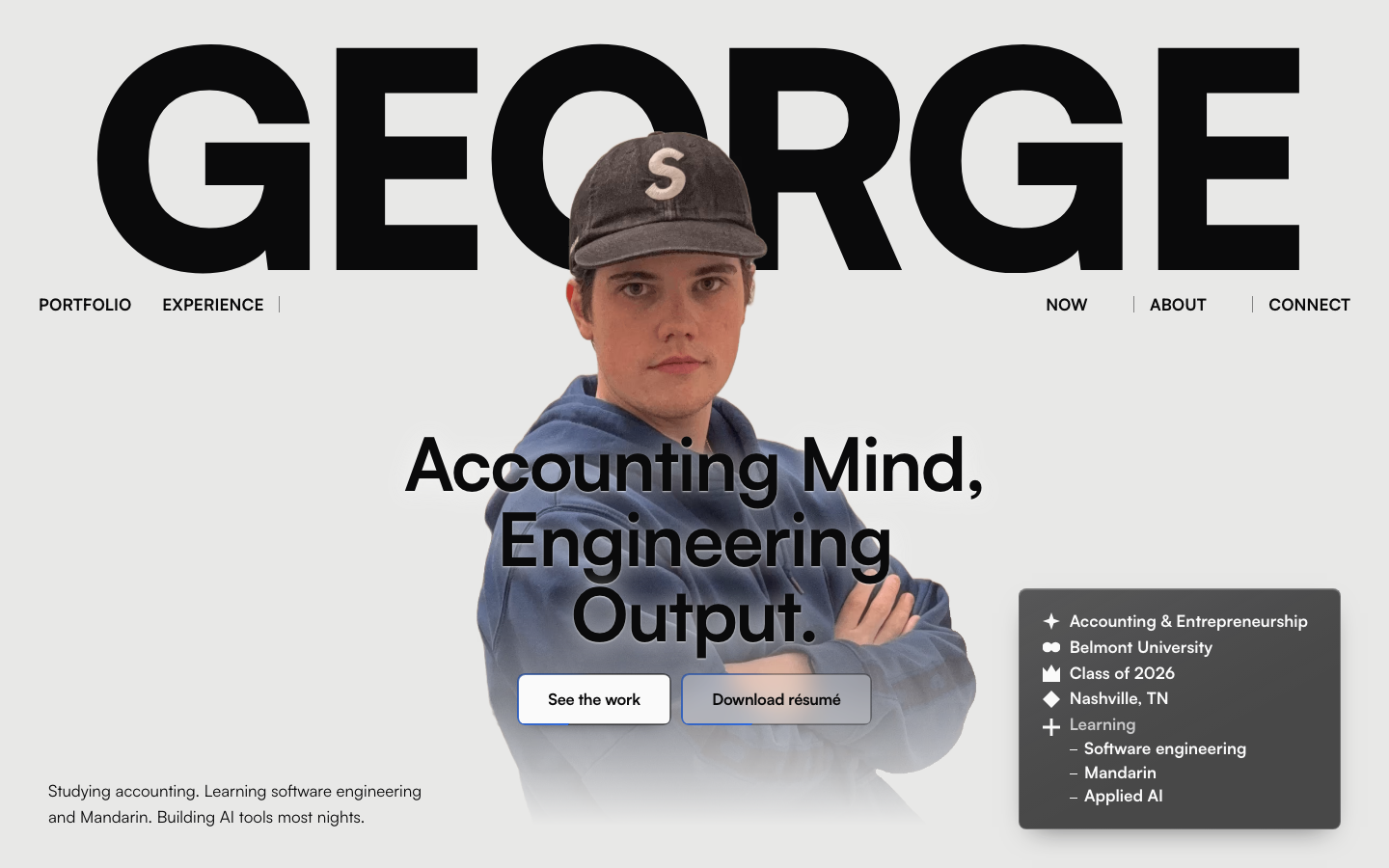 Current George Brothers React and Vite portfolio rebuild with the GEB hero, portrait, and fixed header